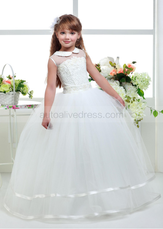 Peter Pan Collar Beaded Ivory Lace Tulle Vintage Flower Girl Dress